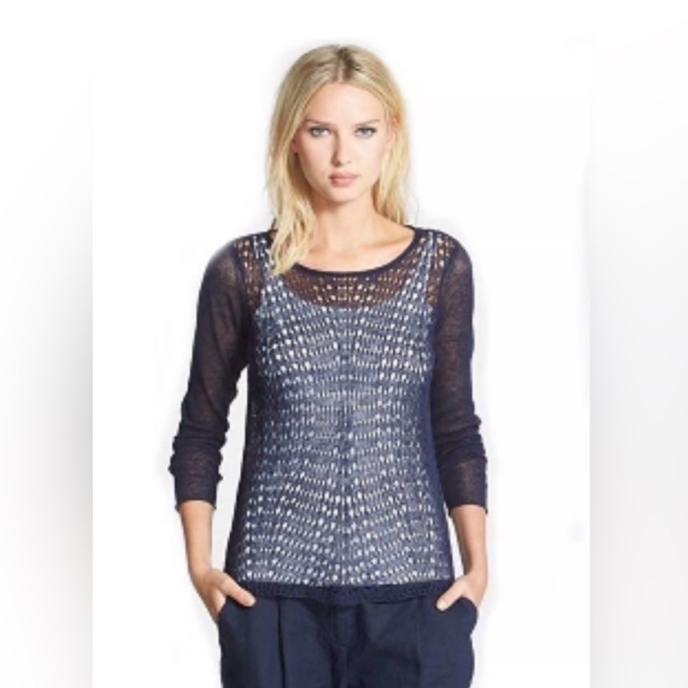 Eileen Fisher Organic Linen Open-Knit Sweater Midnight Navy Size Medium